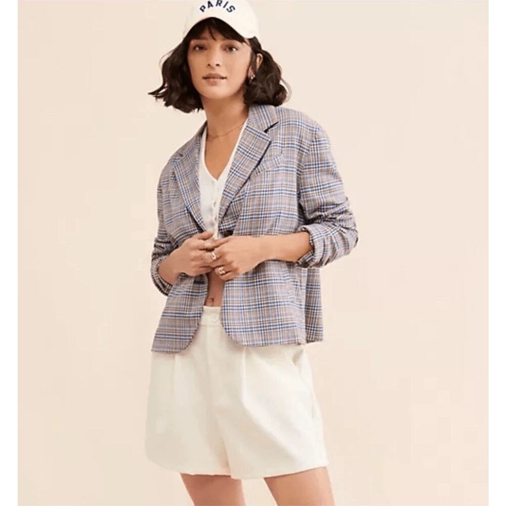 Free People Plaid Blazer in Blue and Tan